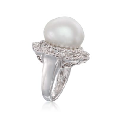C. 1990 Vintage South Sea Pearl and Diamond Ring in 18kt White Gold. Size 6.5 &mdash; Alt Image 3