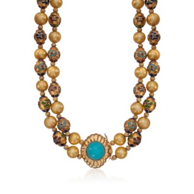 C. 1980 Vintage Cultured Pearl Necklace With Turquoise in 14kt Yellow Gold. 21" &mdash; Alt Image 1
