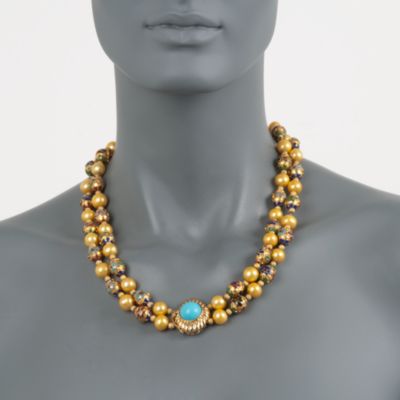 C. 1980 Vintage Cultured Pearl Necklace With Turquoise in 14kt Yellow Gold. 21" &mdash; Alt Image 2
