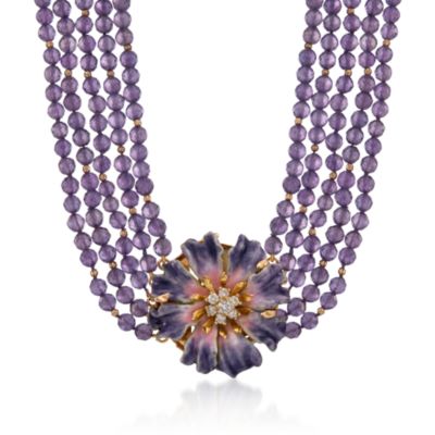 C. 1980 Vintage Amethyst Necklace With Diamond Floral Pin Pendant in 14kt and 18kt Gold. 18" &mdash; Alt Image 1