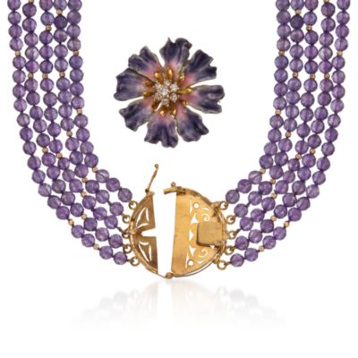 C. 1980 Vintage Amethyst Necklace With Diamond Floral Pin Pendant in 14kt and 18kt Gold. 18" &mdash; Alt Image 3