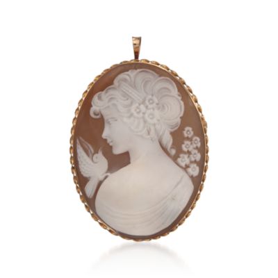 C. 1980 Vintage Carved Shell Cameo Lady & Bird Pin Pendant in 18kt Yellow Gold. Pin &mdash; Alt Image 1