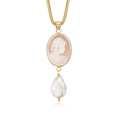 Italian Cameo and Pearl Necklace in 22kt Over Sterling. 18" &mdash; Alt Image 1
