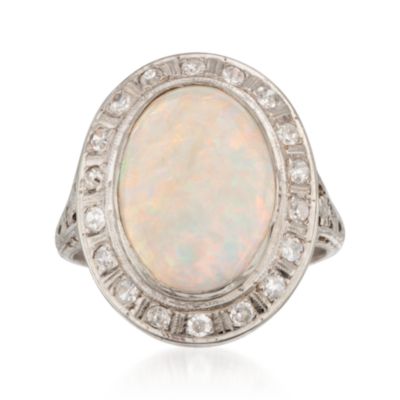 C. 1960 Vintage Opal Ring With .45 ct. t.w. Diamonds in 18kt White Gold. Size 6 &mdash; Alt Image 1