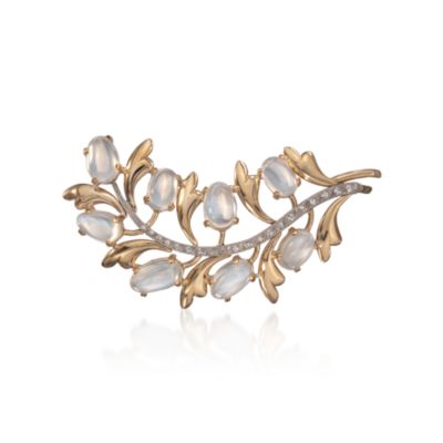 C. 1960 Vintage Moonstone and .30 ct. t.w. Diamond Leaf Pin in 14kt Yellow Gold &mdash; Alt Image 1