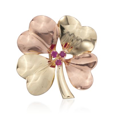 C. 1940 Vintage Tiffany Jewelry Ruby Clover Pin in 14kt Two-Tone Gold &mdash; Alt Image 1