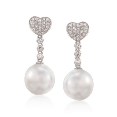 11-11.5mm South Sea Pearl and .36 ct. t.w. Diamond Heart Earrings in 14kt White Gold &mdash; Alt Image 1