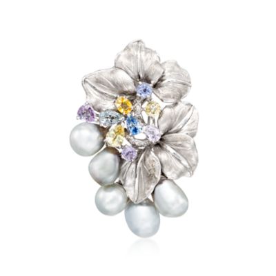 C. 1990 Vintage Cultured Pearl and Multi-Gem Floral Pin in 18kt White Gold &mdash; Alt Image 1