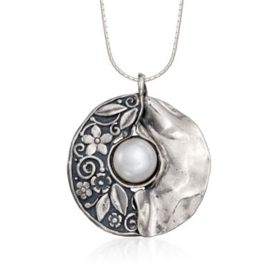 Pearl Floral Disc Necklace in Sterling Silver &mdash; Alt Image 1