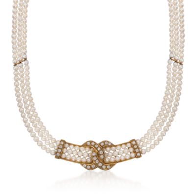 C. 1980 Vintage Diamond and Cultured Pearl Necklace in 18kt Yellow Gold. 15.5" &mdash; Alt Image 1