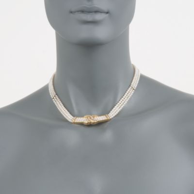 C. 1980 Vintage Diamond and Cultured Pearl Necklace in 18kt Yellow Gold. 15.5" &mdash; Alt Image 2