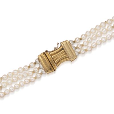 C. 1980 Vintage Diamond and Cultured Pearl Necklace in 18kt Yellow Gold. 15.5" &mdash; Alt Image 3