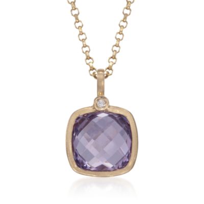 7.75 Carat Square Rose De France Amethyst Necklace With Diamonds in 14kt Yellow Gold &mdash; Alt Image 1