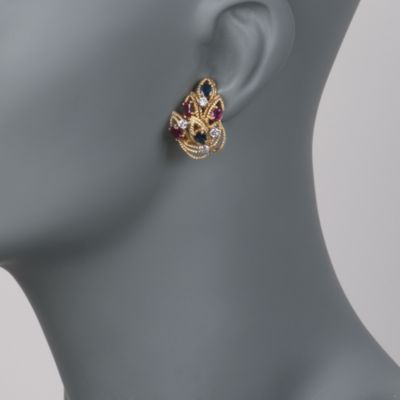 C. 1980 Vintage Le Triomphe Multi-Gem and Diamond Earrings in 18kt Yellow Gold &mdash; Alt Image 2
