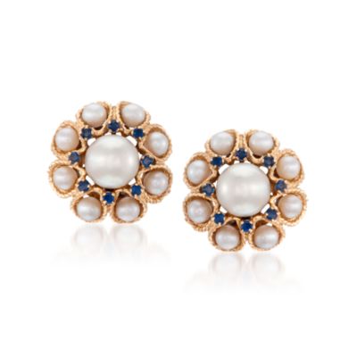 C. 1980 Vintage 4-8.5mm Pearl and Faux Sapphire Earrings in 14kt Yellow Gold &mdash; Alt Image 1