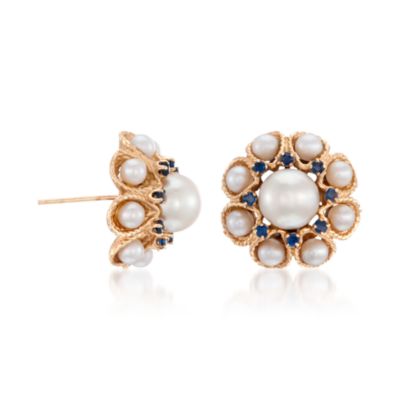 C. 1980 Vintage 4-8.5mm Pearl and Faux Sapphire Earrings in 14kt Yellow Gold &mdash; Alt Image 3