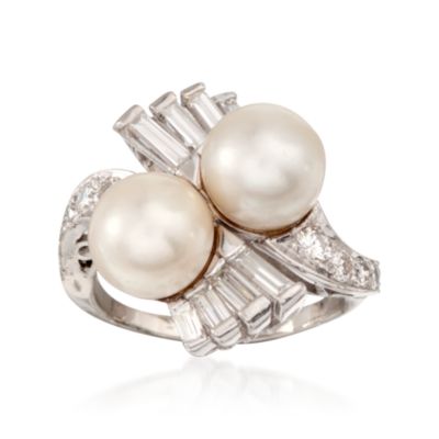 C. 1970 Vintage Cultured Pearl and .90 ct. t.w. Diamond Ring in Platinum. Size 5.5 &mdash; Alt Image 1