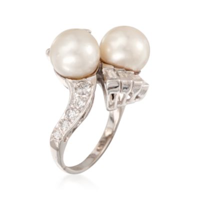 C. 1970 Vintage Cultured Pearl and .90 ct. t.w. Diamond Ring in Platinum. Size 5.5 &mdash; Alt Image 3
