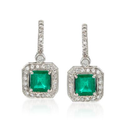 2.20 ct. t.w. Emerald and .65 ct. t.w. Diamond Drop Earrings in 14kt White Gold &mdash; Alt Image 1