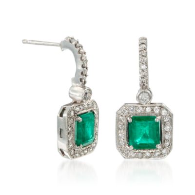 2.20 ct. t.w. Emerald and .65 ct. t.w. Diamond Drop Earrings in 14kt White Gold &mdash; Alt Image 3