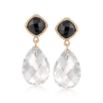 Black Onyx and Rock Crystal Drop Earrings in 14kt Yellow Gold &mdash; Alt Image 1