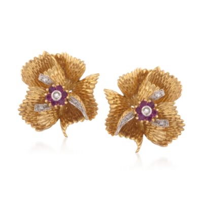 C.1960 Vintage .75 ct. t.w. Ruby Earrings With Diamonds in 18kt Yellow Gold &mdash; Alt Image 1