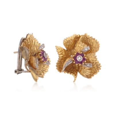 C.1960 Vintage .75 ct. t.w. Ruby Earrings With Diamonds in 18kt Yellow Gold &mdash; Alt Image 3