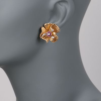 C.1960 Vintage .75 ct. t.w. Ruby Earrings With Diamonds in 18kt Yellow Gold &mdash; Alt Image 2