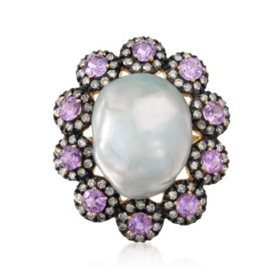Gray Pearl and Pink Sapphire Ring With Diamonds 18kt and Sterling Silver &mdash; Alt Image 1