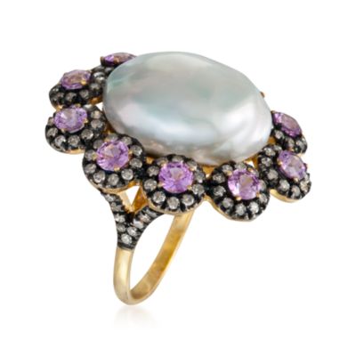 Gray Pearl and Pink Sapphire Ring With Diamonds 18kt and Sterling Silver &mdash; Alt Image 3