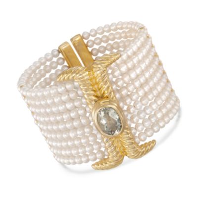 Nine-Strand Pearl and 5.25 Carat Green Amethyst Cuff Bracelet in 18kt Over Sterling. 7" &mdash; Alt Image 1
