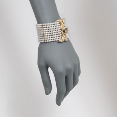 Nine-Strand Pearl and 5.25 Carat Green Amethyst Cuff Bracelet in 18kt Over Sterling. 7" &mdash; Alt Image 2