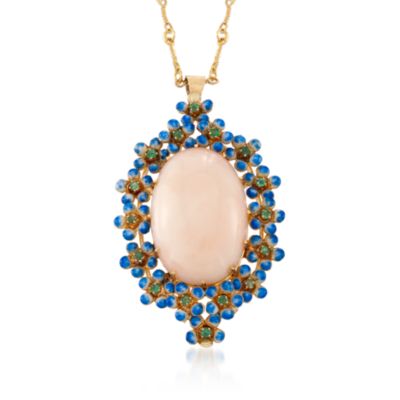 C. 1960 Vintage Toliro Emerald and Coral Pin Pendant in 18kt Yellow Gold. 17" &mdash; Alt Image 1