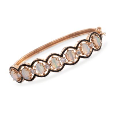 C. 1960 Vintage Opal and .60 ct. t.w. Diamond Bangle Bracelet in 14kt Yellow Gold. 6.5" &mdash; Alt Image 1