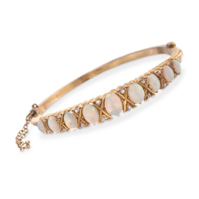 C. 1950 Vintage Opal and .20 ct. t.w. Diamond Bangle Bracelet in 10kt Yellow Gold. 6" &mdash; Alt Image 1