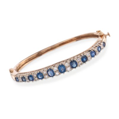 C. 1950 Vintage 3.00 ct. t.w. Sapphire and .85 ct. t.w. Diamond Bangle Bracelet in 14kt Yellow Gold. 6" &mdash; Alt Image 1