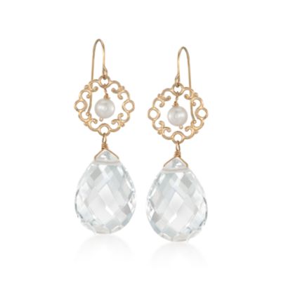 Rock Crystal and Pearl Filigree Earrings in 14kt Yellow Gold &mdash; Alt Image 1
