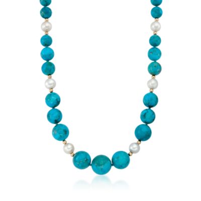 Turquoise and Pearl Necklace in 14kt Yellow Gold. 16" &mdash; Alt Image 1