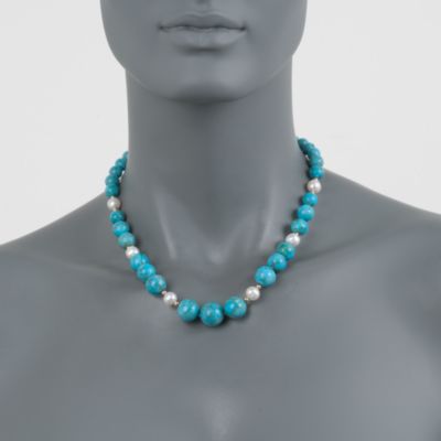 Turquoise and Pearl Necklace in 14kt Yellow Gold. 16" &mdash; Alt Image 2