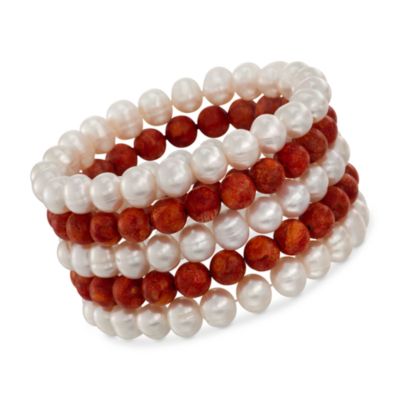 Set of Five Pearl and Sponge Coral Bracelets &mdash; Alt Image 1
