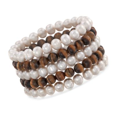 Set of Five Pearl and Tiger’S Eye Bead Bracelets &mdash; Alt Image 1
