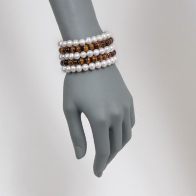 Set of Five Pearl and Tiger’S Eye Bead Bracelets &mdash; Alt Image 2