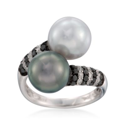 Black and White South Sea Pearl and .66 ct. t.w. Diamond Bypass Ring in 18kt White Gold &mdash; Alt Image 1