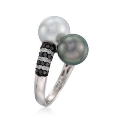 Black and White South Sea Pearl and .66 ct. t.w. Diamond Bypass Ring in 18kt White Gold &mdash; Alt Image 3