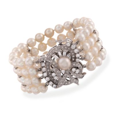 C. 1950 Vintage Cultured Pearl and Diamond Bracelet in 14kt White Gold. 7" &mdash; Alt Image 1