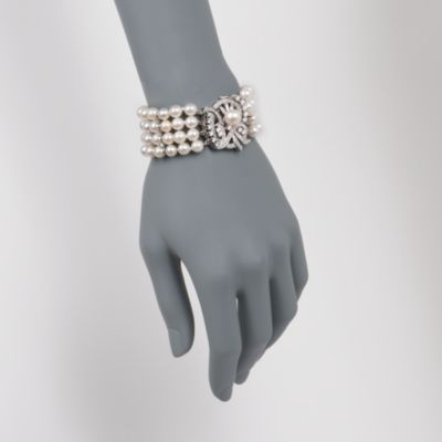 C. 1950 Vintage Cultured Pearl and Diamond Bracelet in 14kt White Gold. 7" &mdash; Alt Image 2