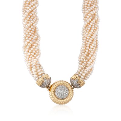 C. 1980 Vintage Cultured Pearl and Diamond Torsade Necklace in 18kt Yellow Gold. 18.5" &mdash; Alt Image 1