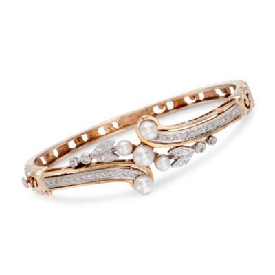 C. 1950 Vintage Cultured Pearl and Diamond Bangle Bracelet in 14kt Yellow Gold. 6.5" &mdash; Alt Image 1