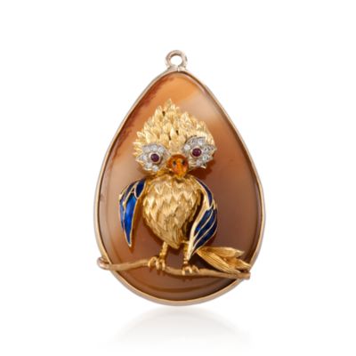 C. 1960 Vintage Agate and Diamond Bird Pendant in 18kt Yellow Gold &mdash; Alt Image 1