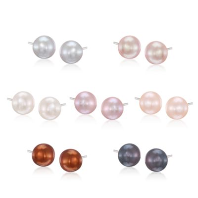 Seven Pairs of 6-7mm Multicolored Pearl Earrings in Sterling Silver &mdash; Alt Image 1
